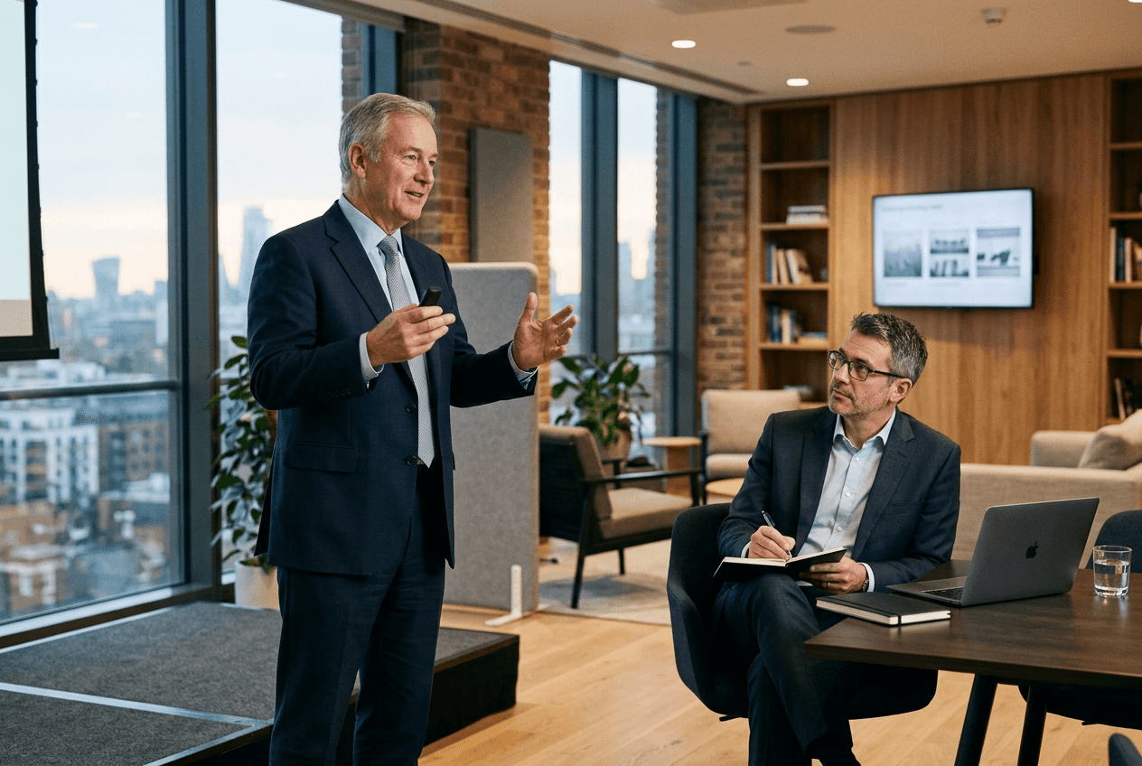 An executive coach taking notes while a senior leader rehearses a presentation in a quiet office